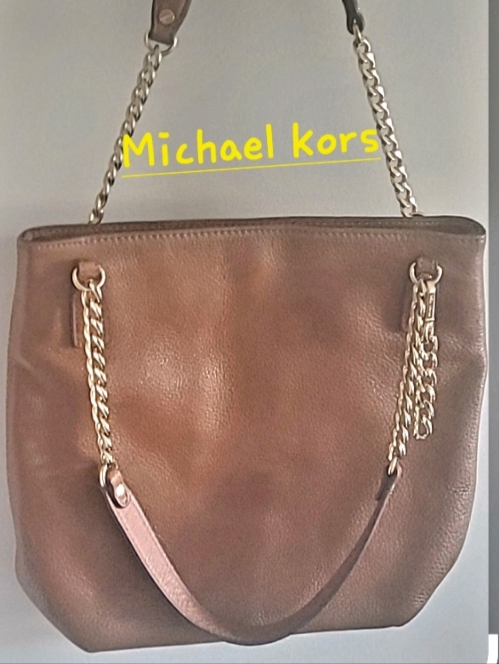 Michael Kors Tan Brown Leather Shoulder Tote with Gold Chain Straps